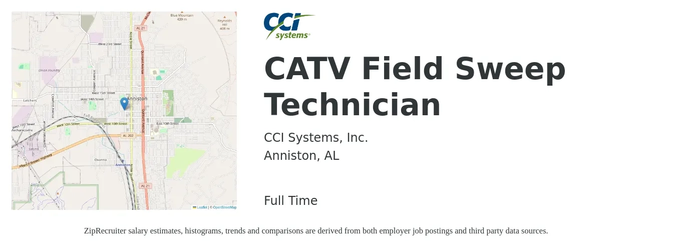 CCI Systems, Inc. job posting for a CATV Field Sweep Technician in Anniston, AL with a salary of $18 to $24 Hourly with a map of Anniston location.
