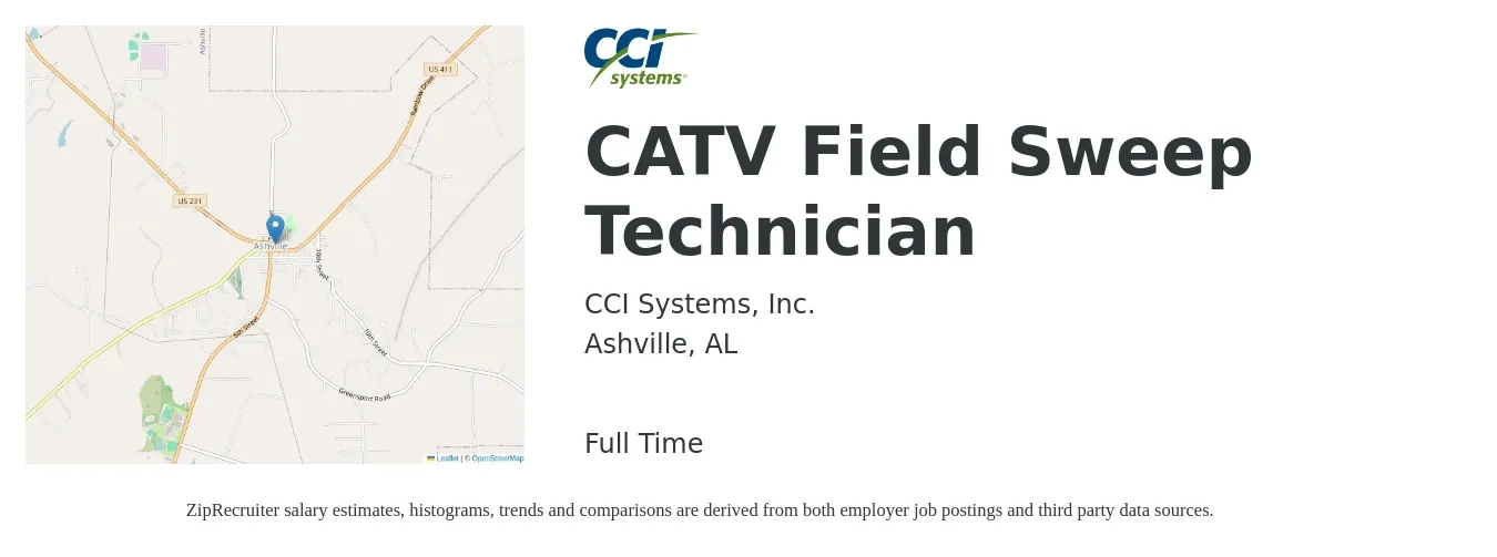 CCI Systems, Inc. job posting for a CATV Field Sweep Technician in Ashville, AL with a salary of $17 to $23 Hourly with a map of Ashville location.
