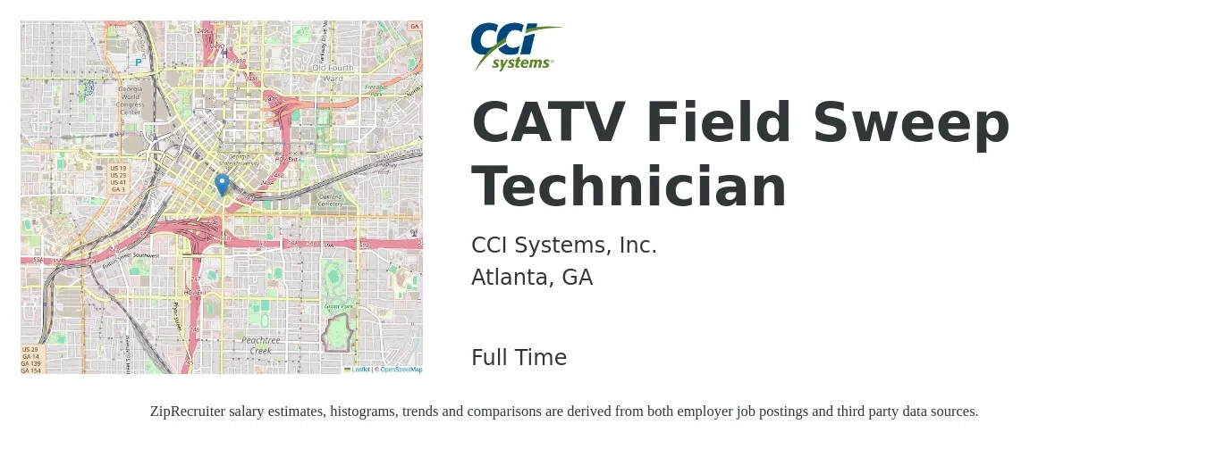 CCI Systems, Inc. job posting for a CATV Field Sweep Technician in Atlanta, GA with a salary of $19 to $26 Hourly with a map of Atlanta location.