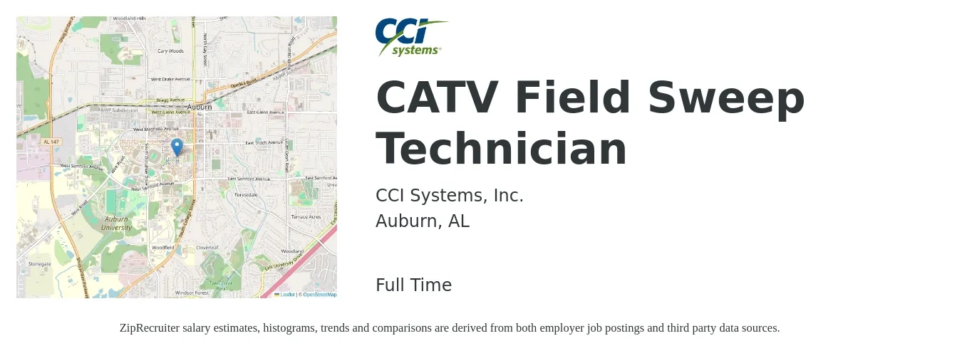 CCI Systems, Inc. job posting for a CATV Field Sweep Technician in Auburn, AL with a salary of $17 to $23 Hourly with a map of Auburn location.