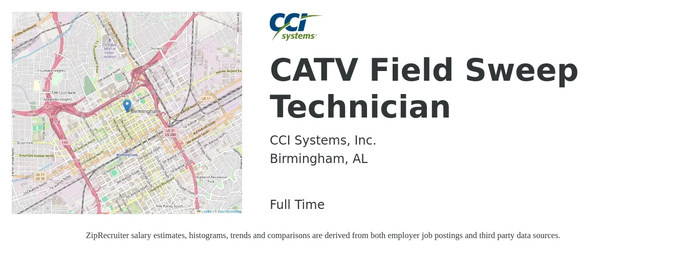 CCI Systems, Inc. job posting for a CATV Field Sweep Technician in Birmingham, AL with a salary of $18 to $25 Hourly with a map of Birmingham location.