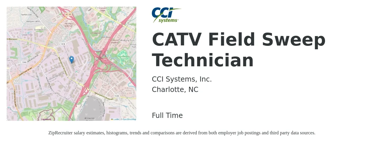 CCI Systems, Inc. job posting for a CATV Field Sweep Technician in Charlotte, NC with a salary of $19 to $26 Hourly with a map of Charlotte location.