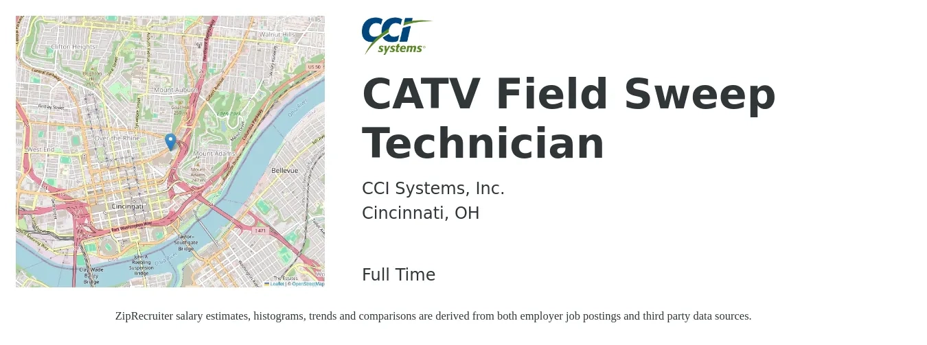 CCI Systems, Inc. job posting for a CATV Field Sweep Technician in Cincinnati, OH with a salary of $19 to $26 Hourly with a map of Cincinnati location.