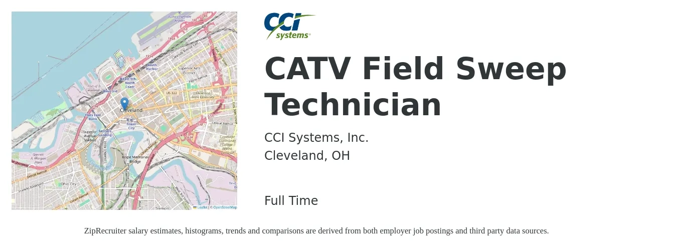 CCI Systems, Inc. job posting for a CATV Field Sweep Technician in Cleveland, OH with a salary of $19 to $26 Hourly with a map of Cleveland location.