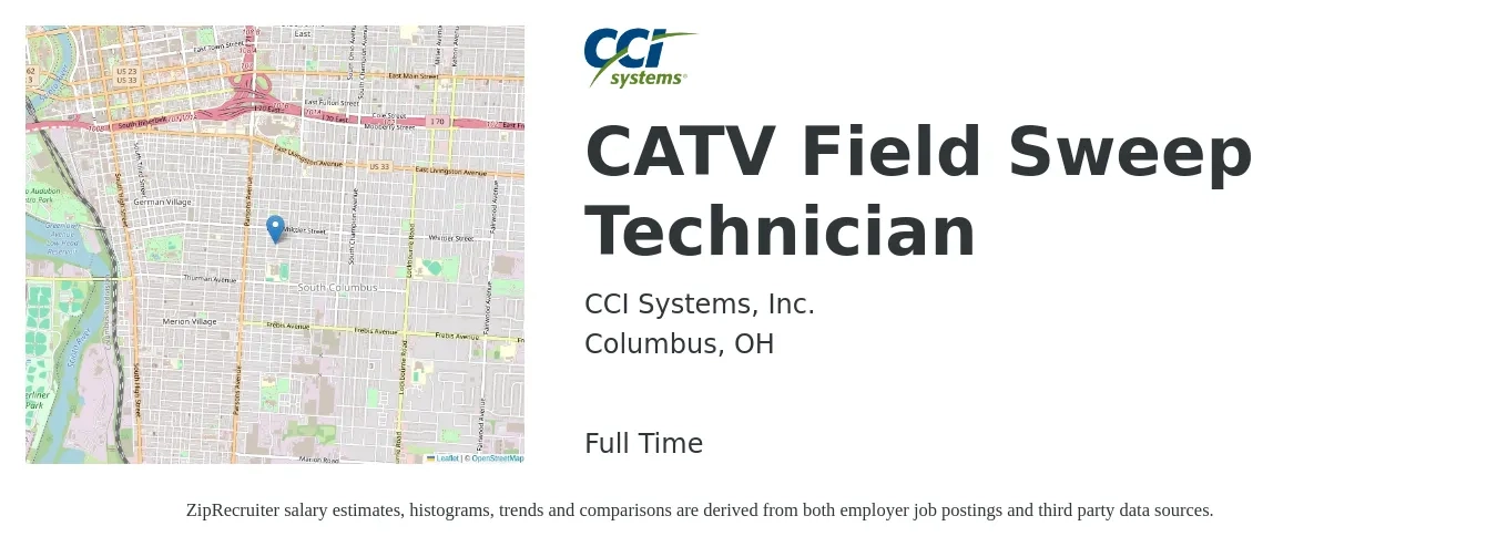 CCI Systems, Inc. job posting for a CATV Field Sweep Technician in Columbus, OH with a salary of $19 to $26 Hourly with a map of Columbus location.