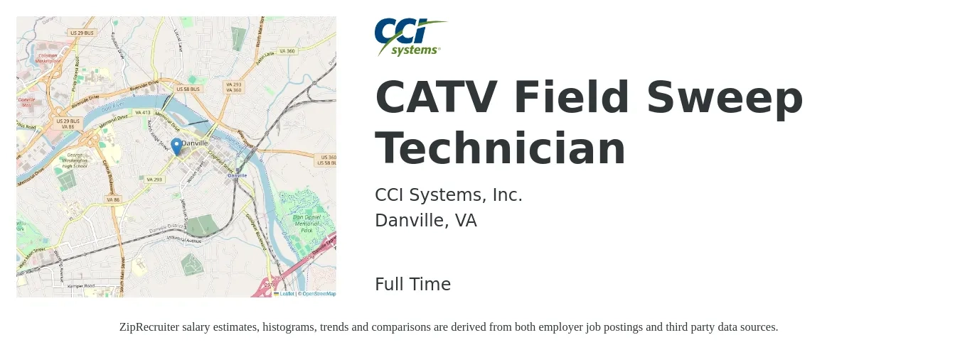 CCI Systems, Inc. job posting for a CATV Field Sweep Technician in Danville, VA with a salary of $20 to $27 Hourly with a map of Danville location.