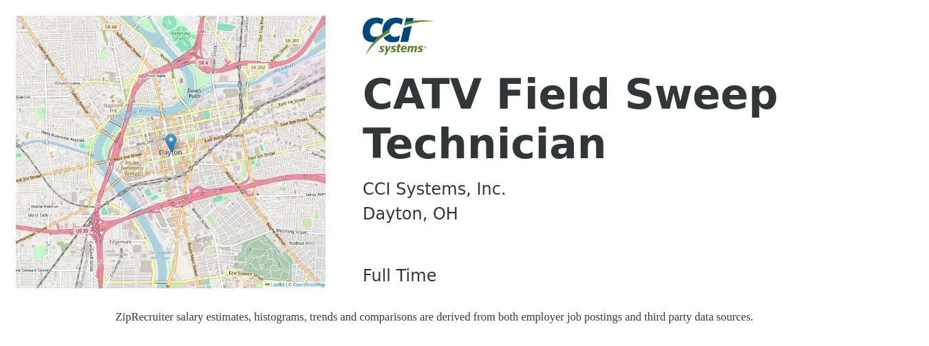 CCI Systems, Inc. job posting for a CATV Field Sweep Technician in Dayton, OH with a salary of $19 to $26 Hourly with a map of Dayton location.