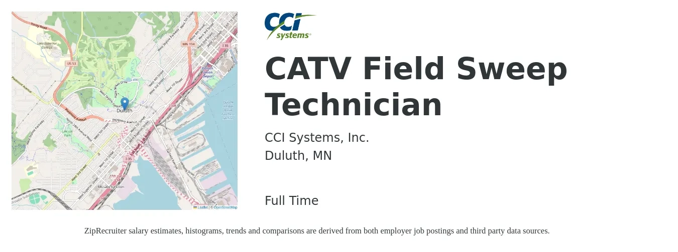 CCI Systems, Inc. job posting for a CATV Field Sweep Technician in Duluth, MN with a salary of $20 to $27 Hourly with a map of Duluth location.