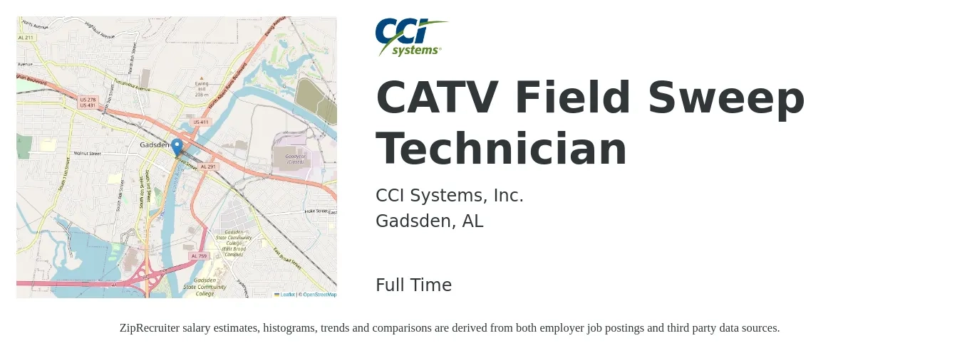 CCI Systems, Inc. job posting for a CATV Field Sweep Technician in Gadsden, AL with a salary of $17 to $23 Hourly with a map of Gadsden location.