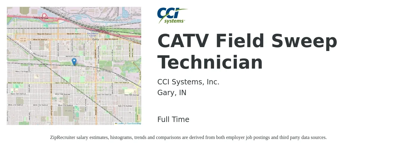 CCI Systems, Inc. job posting for a CATV Field Sweep Technician in Gary, IN with a salary of $20 to $27 Hourly with a map of Gary location.