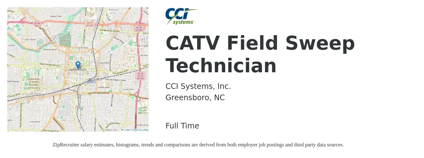 CCI Systems, Inc. job posting for a CATV Field Sweep Technician in Greensboro, NC with a salary of $19 to $26 Hourly with a map of Greensboro location.