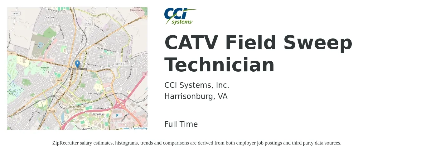 CCI Systems, Inc. job posting for a CATV Field Sweep Technician in Harrisonburg, VA with a salary of $18 to $25 Hourly with a map of Harrisonburg location.