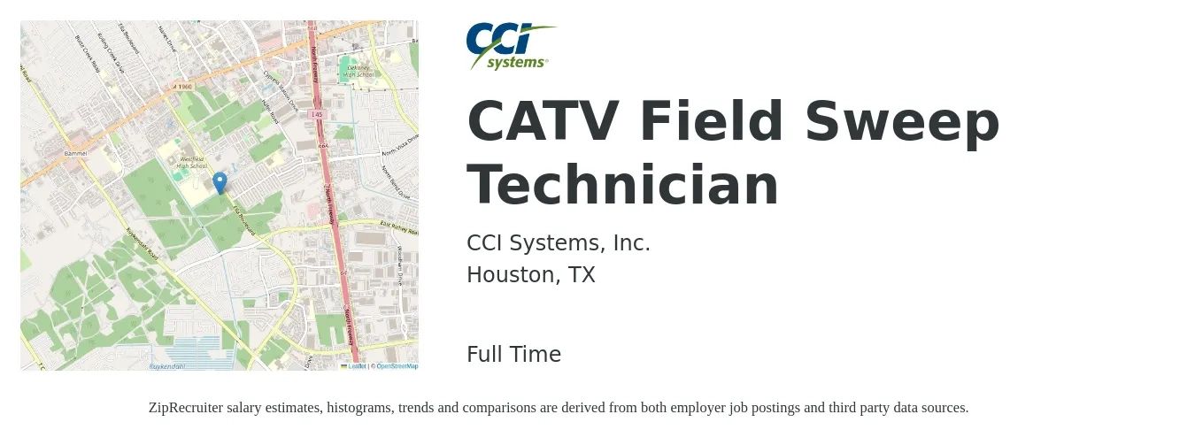 CCI Systems, Inc. job posting for a CATV Field Sweep Technician in Houston, TX with a salary of $19 to $26 Hourly with a map of Houston location.