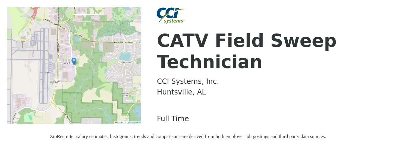 CCI Systems, Inc. job posting for a CATV Field Sweep Technician in Huntsville, AL with a salary of $20 to $27 Hourly with a map of Huntsville location.
