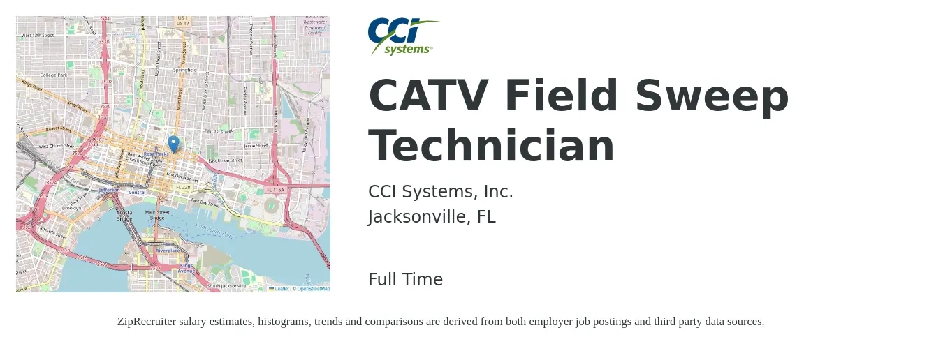 CCI Systems, Inc. job posting for a CATV Field Sweep Technician in Jacksonville, FL with a salary of $18 to $25 Hourly with a map of Jacksonville location.