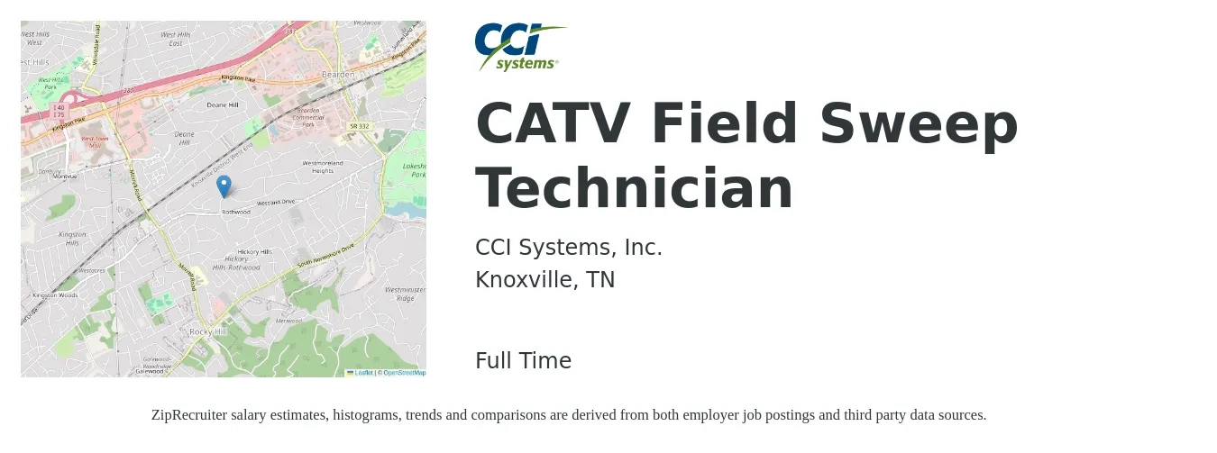 CCI Systems, Inc. job posting for a CATV Field Sweep Technician in Knoxville, TN with a salary of $19 to $26 Hourly with a map of Knoxville location.