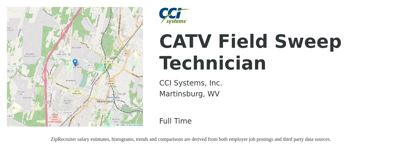 CCI Systems, Inc. job posting for a CATV Field Sweep Technician in Martinsburg, WV with a salary of $20 to $27 Hourly with a map of Martinsburg location.