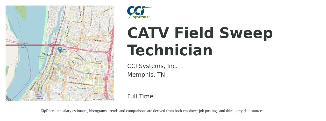 CCI Systems, Inc. job posting for a CATV Field Sweep Technician in Memphis, TN with a salary of $19 to $26 Hourly with a map of Memphis location.