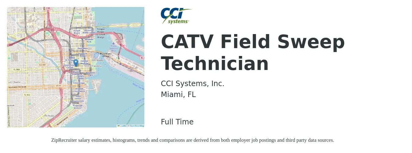 CCI Systems, Inc. job posting for a CATV Field Sweep Technician in Miami, FL with a salary of $19 to $26 Hourly with a map of Miami location.