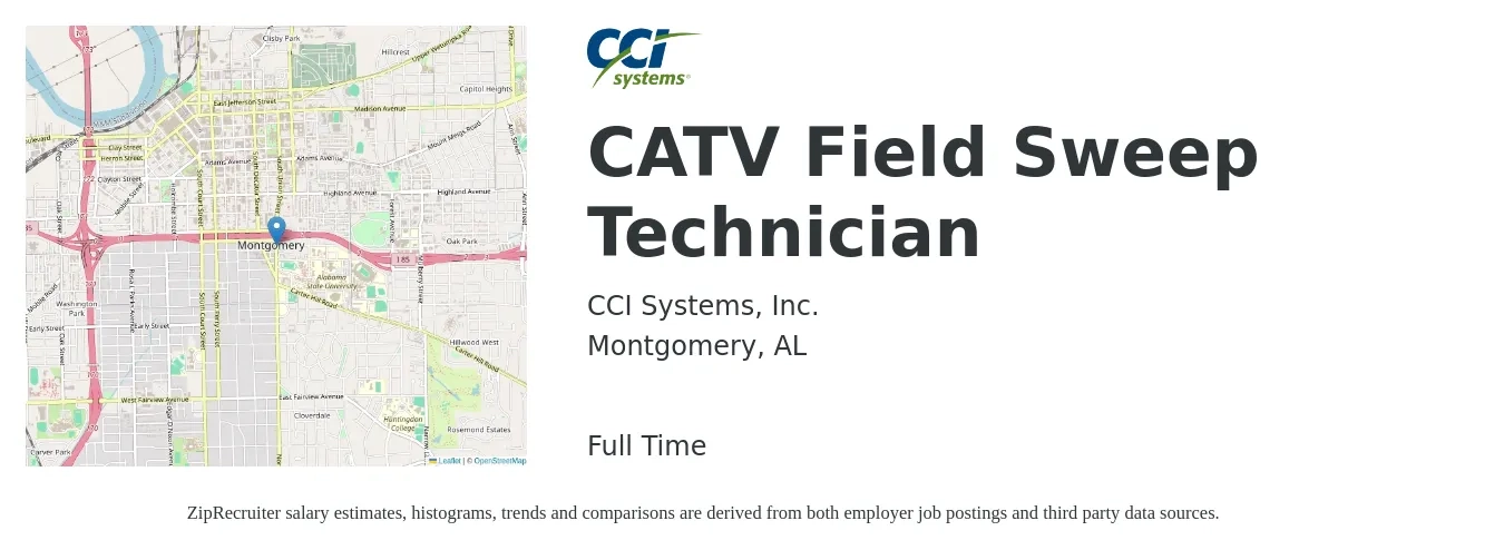 CCI Systems, Inc. job posting for a CATV Field Sweep Technician in Montgomery, AL with a salary of $20 to $27 Hourly with a map of Montgomery location.
