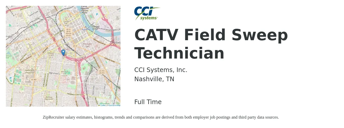 CCI Systems, Inc. job posting for a CATV Field Sweep Technician in Nashville, TN with a salary of $19 to $26 Hourly with a map of Nashville location.