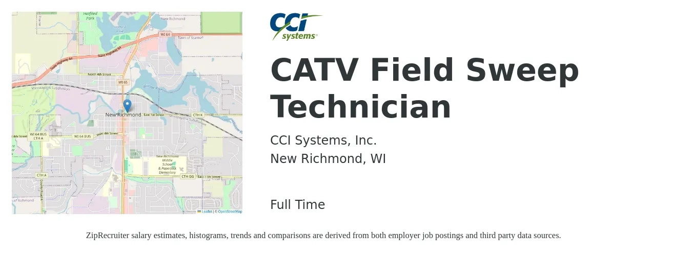CCI Systems, Inc. job posting for a CATV Field Sweep Technician in New Richmond, WI with a salary of $20 to $28 Hourly with a map of New Richmond location.