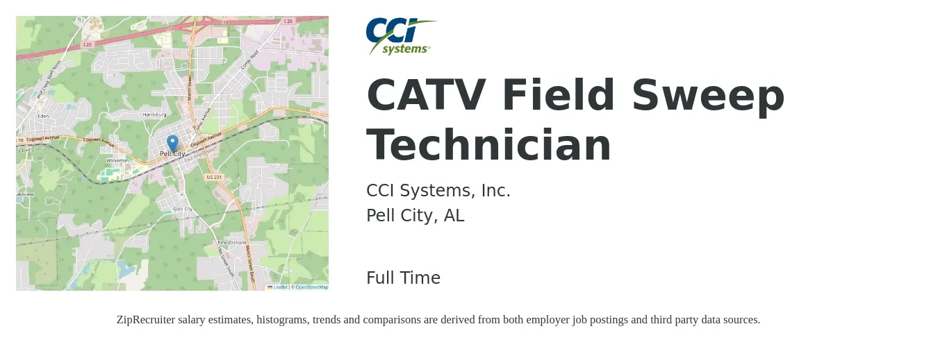 CCI Systems, Inc. job posting for a CATV Field Sweep Technician in Pell City, AL with a salary of $16 to $23 Hourly with a map of Pell City location.