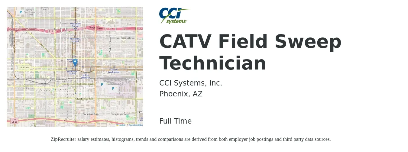 CCI Systems, Inc. job posting for a CATV Field Sweep Technician in Phoenix, AZ with a salary of $20 to $27 Hourly with a map of Phoenix location.