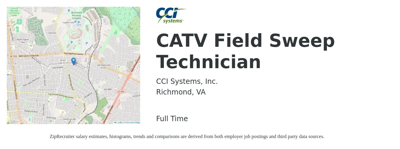 CCI Systems, Inc. job posting for a CATV Field Sweep Technician in Richmond, VA with a salary of $20 to $27 Hourly with a map of Richmond location.