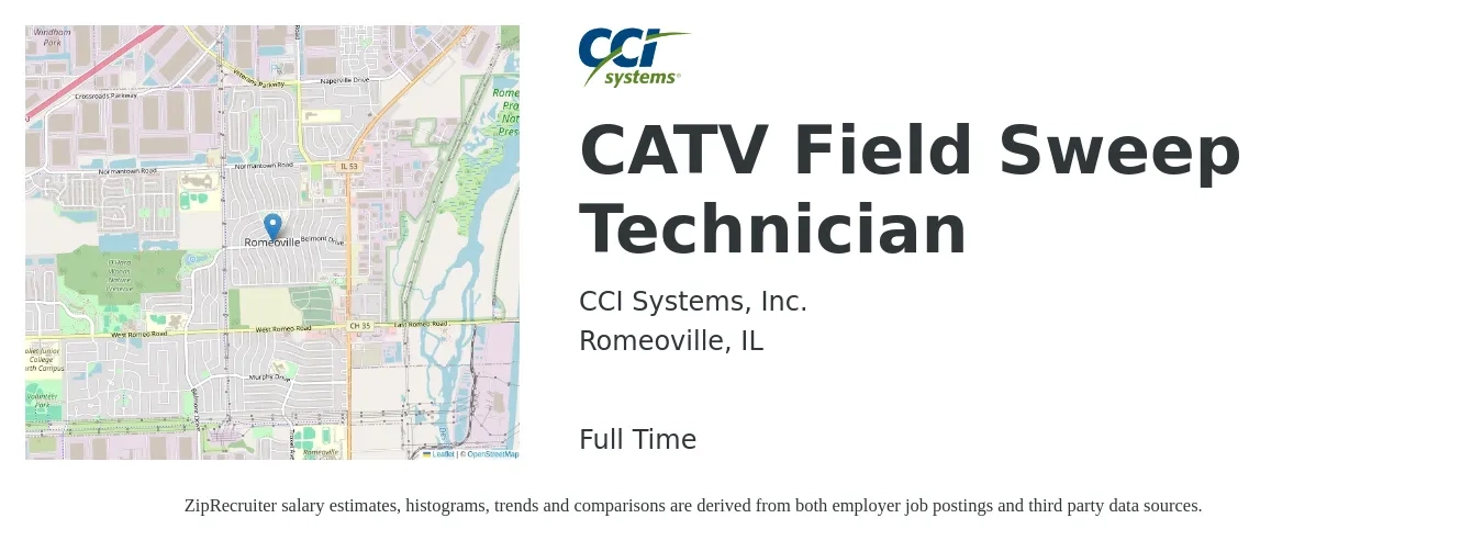 CCI Systems, Inc. job posting for a CATV Field Sweep Technician in Romeoville, IL with a salary of $20 to $28 Hourly with a map of Romeoville location.