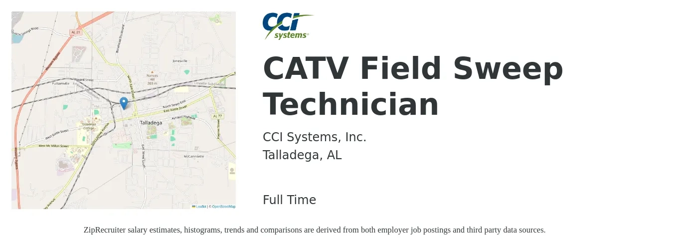 CCI Systems, Inc. job posting for a CATV Field Sweep Technician in Talladega, AL with a salary of $18 to $25 Hourly with a map of Talladega location.
