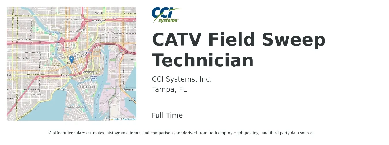 CCI Systems, Inc. job posting for a CATV Field Sweep Technician in Tampa, FL with a salary of $19 to $26 Hourly with a map of Tampa location.