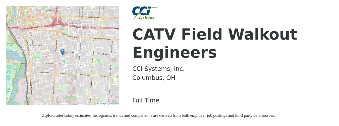 CCI Systems, Inc. job posting for a CATV Field Walkout Engineers in Columbus, OH with a salary of $24 to $41 Hourly with a map of Columbus location.