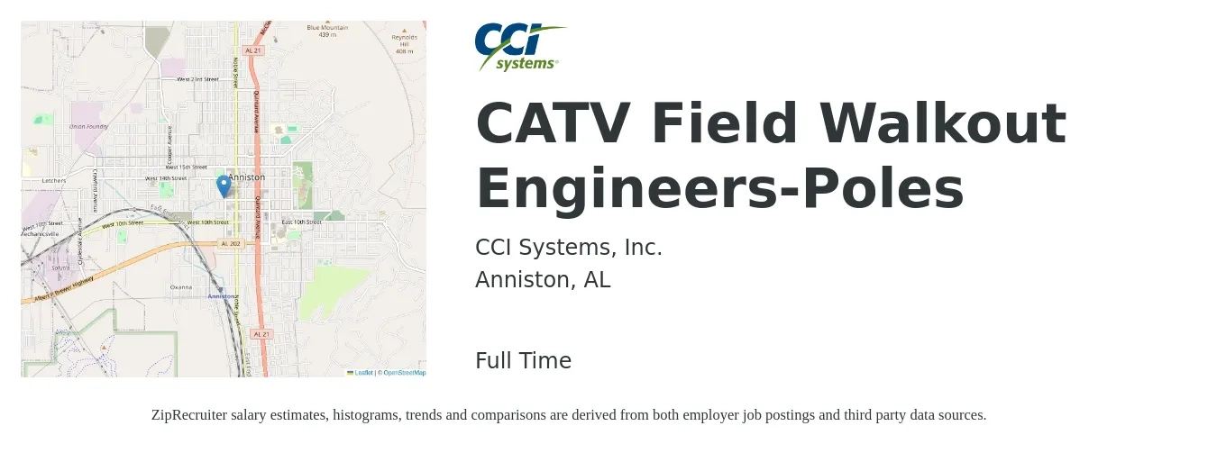 CCI Systems, Inc. job posting for a CATV Field Walkout Engineers-Poles in Anniston, AL with a salary of $22 to $38 Hourly with a map of Anniston location.