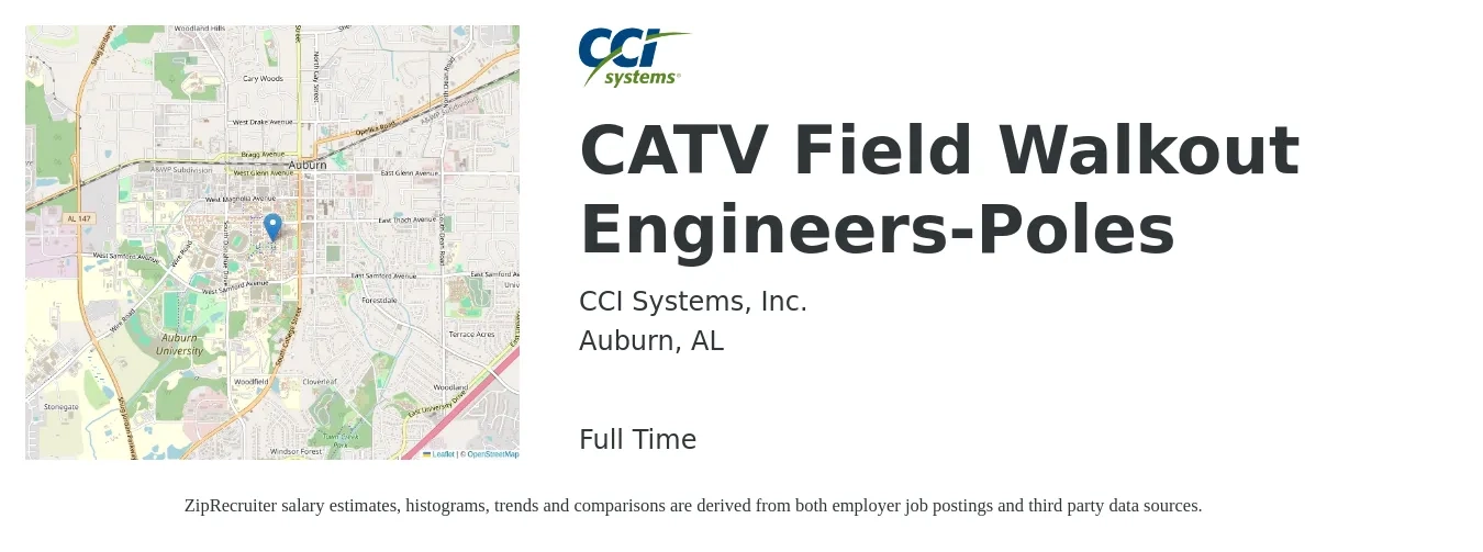CCI Systems, Inc. job posting for a CATV Field Walkout Engineers-Poles in Auburn, AL with a salary of $22 to $36 Hourly with a map of Auburn location.