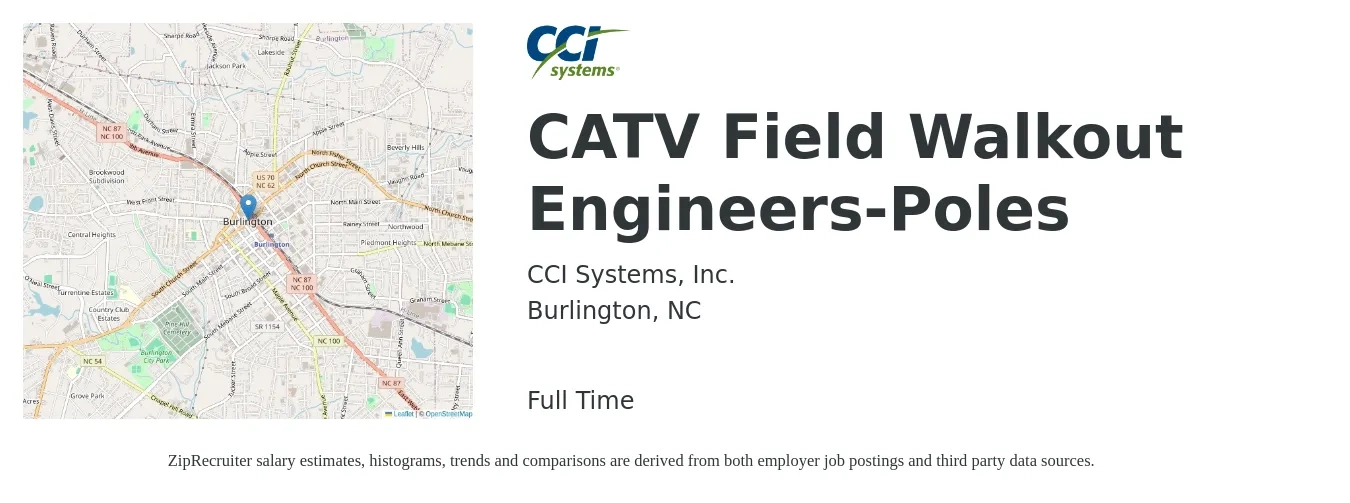CCI Systems, Inc. job posting for a CATV Field Walkout Engineers-Poles in Burlington, NC with a salary of $21 to $36 Hourly with a map of Burlington location.