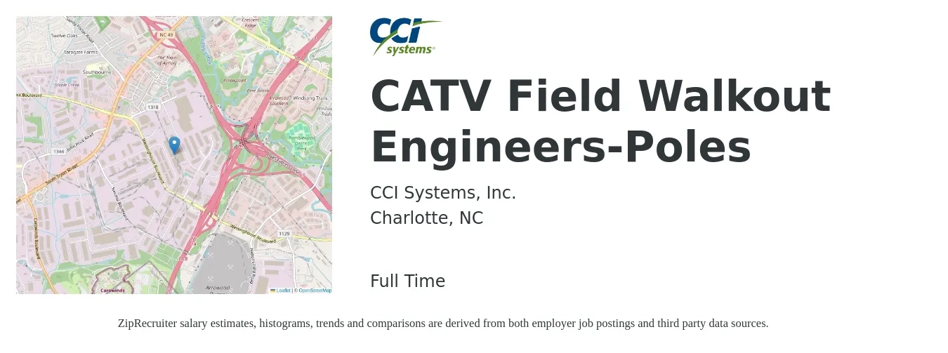 CCI Systems, Inc. job posting for a CATV Field Walkout Engineers-Poles in Charlotte, NC with a salary of $24 to $42 Hourly with a map of Charlotte location.
