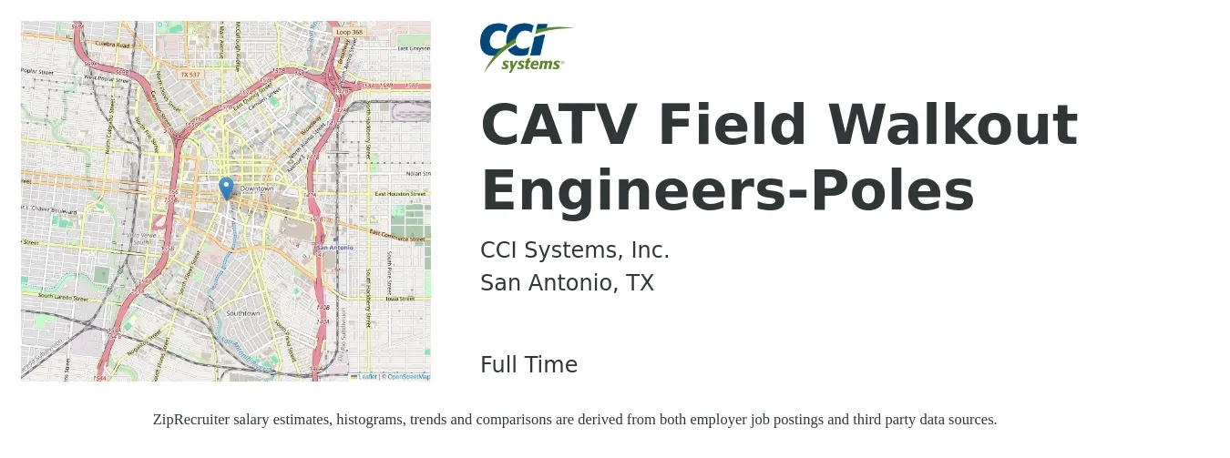 CCI Systems, Inc. job posting for a CATV Field Walkout Engineers-Poles in San Antonio, TX with a salary of $22 to $38 Hourly with a map of San Antonio location.