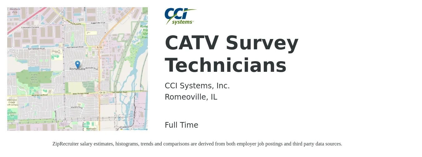 CCI Systems, Inc. job posting for a CATV Survey Technicians in Romeoville, IL with a salary of $39,800 to $59,600 Yearly with a map of Romeoville location.