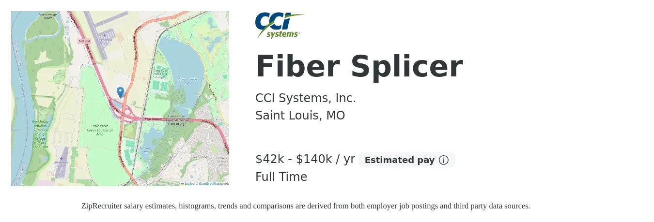 CCI Systems, Inc. job posting for a Fiber Splicer in Saint Louis, MO with a salary of $42,000 to $140,000 Yearly with a map of Saint Louis location.
