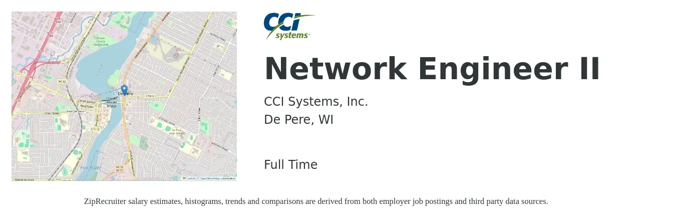 CCI Systems, Inc. job posting for a Network Engineer II in De Pere, WI with a salary of $85,800 to $128,700 Yearly with a map of De Pere location.