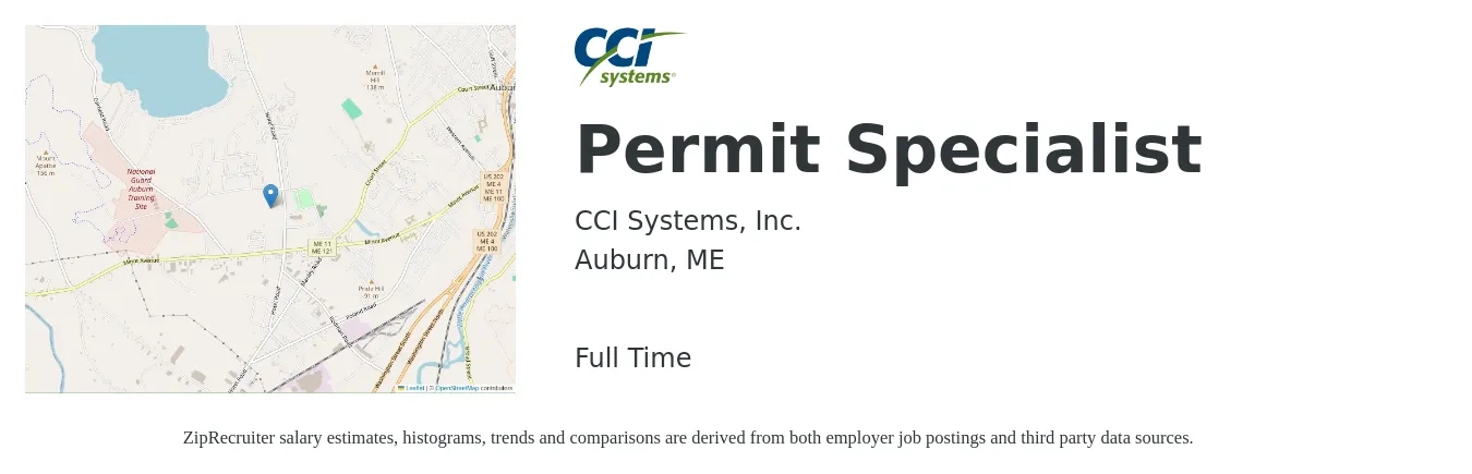 CCI Systems, Inc. job posting for a Permit Specialist in Auburn, ME with a salary of $23 to $39 Hourly with a map of Auburn location.