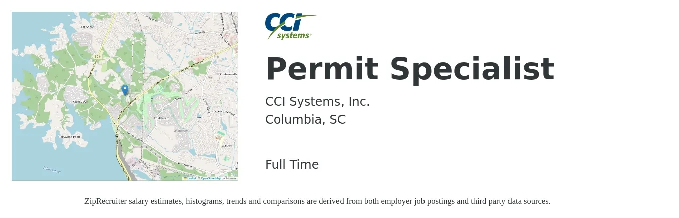 CCI Systems, Inc. job posting for a Permit Specialist in Columbia, SC with a salary of $20 to $33 Hourly with a map of Columbia location.