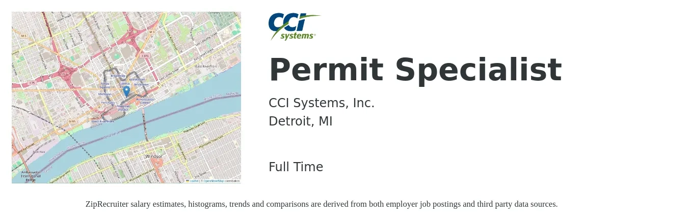 CCI Systems, Inc. job posting for a Permit Specialist in Detroit, MI with a salary of $18 to $32 Hourly with a map of Detroit location.
