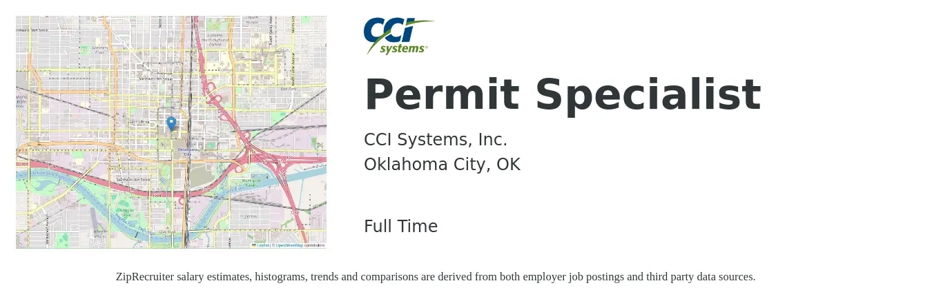 CCI Systems, Inc. job posting for a Permit Specialist in Oklahoma City, OK with a salary of $20 to $34 Hourly with a map of Oklahoma City location.
