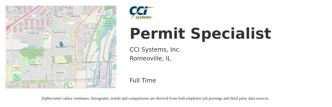 CCI Systems, Inc. job posting for a Permit Specialist in Romeoville, IL with a salary of $22 to $37 Hourly with a map of Romeoville location.