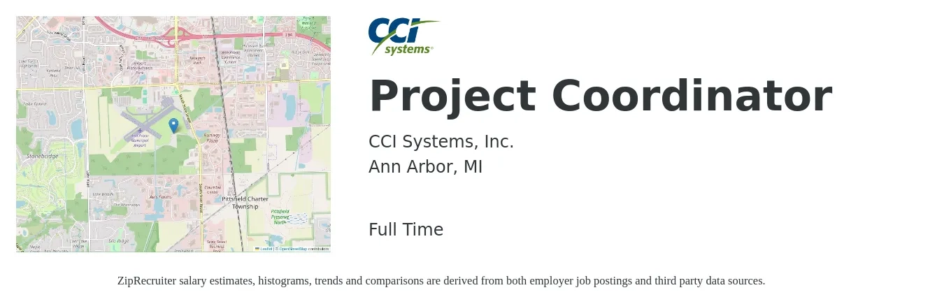 CCI Systems, Inc. job posting for a Project Coordinator in Ann Arbor, MI with a salary of $23 to $34 Hourly with a map of Ann Arbor location.