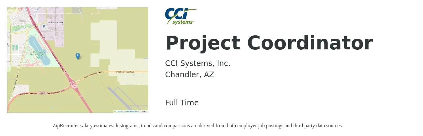 CCI Systems, Inc. job posting for a Project Coordinator in Chandler, AZ with a salary of $23 to $34 Hourly with a map of Chandler location.