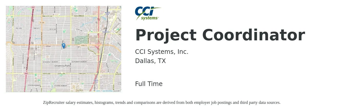 CCI Systems, Inc. job posting for a Project Coordinator in Dallas, TX with a salary of $23 to $34 Hourly with a map of Dallas location.