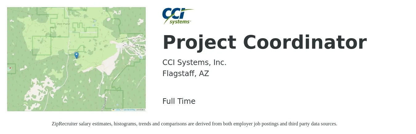 CCI Systems, Inc. job posting for a Project Coordinator in Flagstaff, AZ with a salary of $21 to $31 Hourly with a map of Flagstaff location.